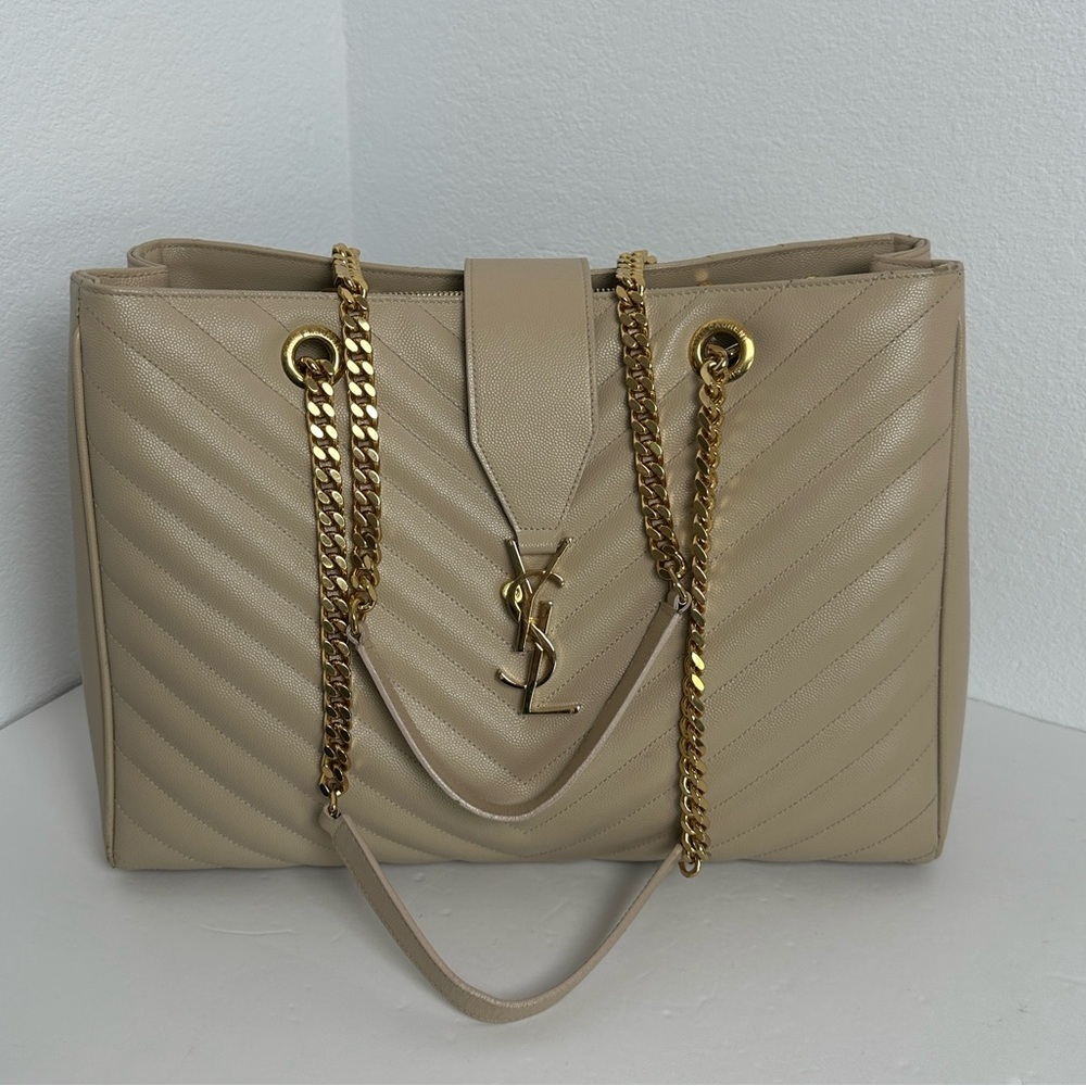 Saint Laurent YSL Monogram Chevron Shopping Tote – Beige with Gold Hardware - Picture 6 of 17